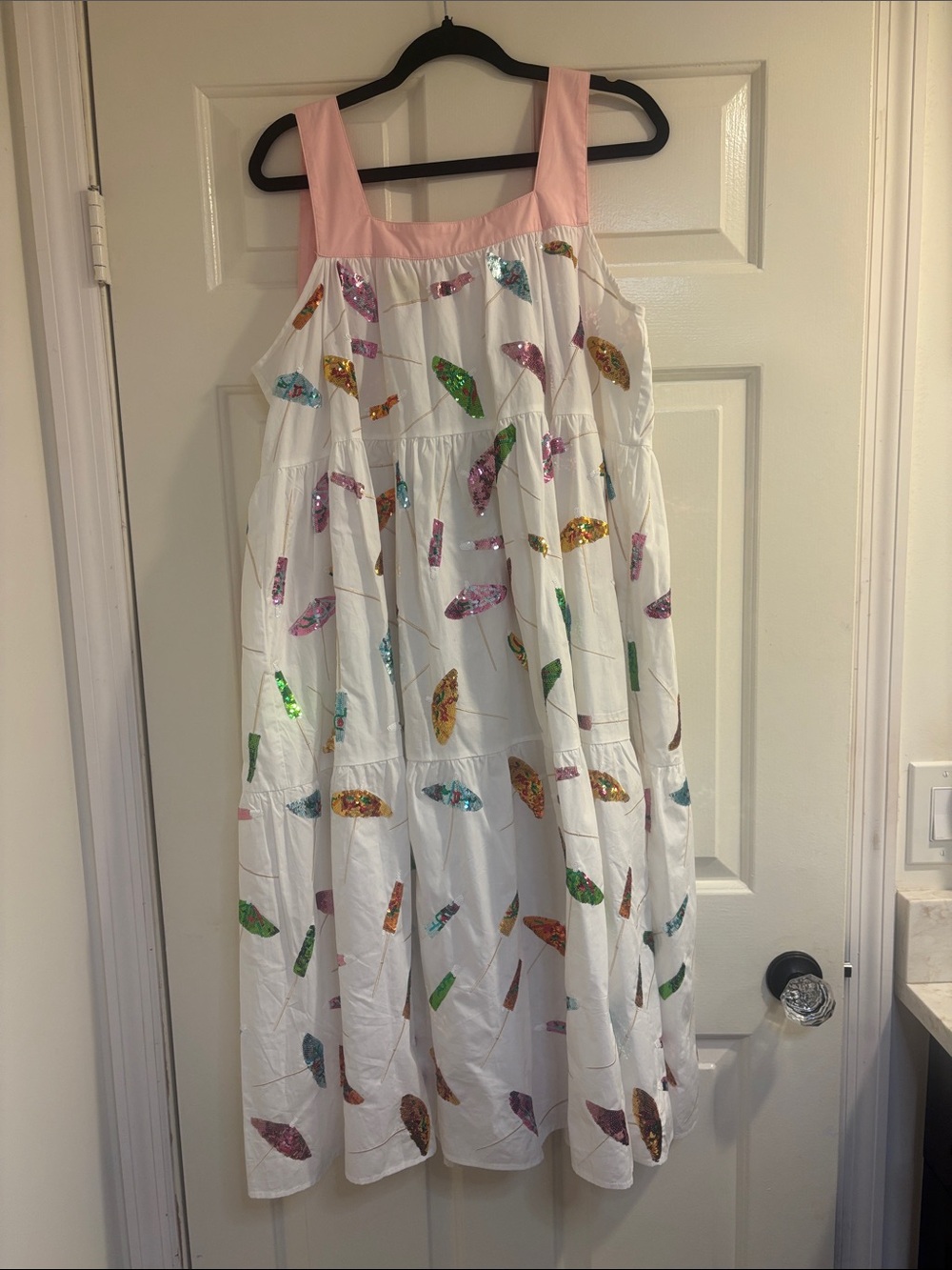 White Sundress with Pink Straps and Multi-Color Sequin Accents
